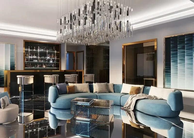 Render of a living room with a chandelier and a bar at Burj Binghatti Jacob & Co Residences