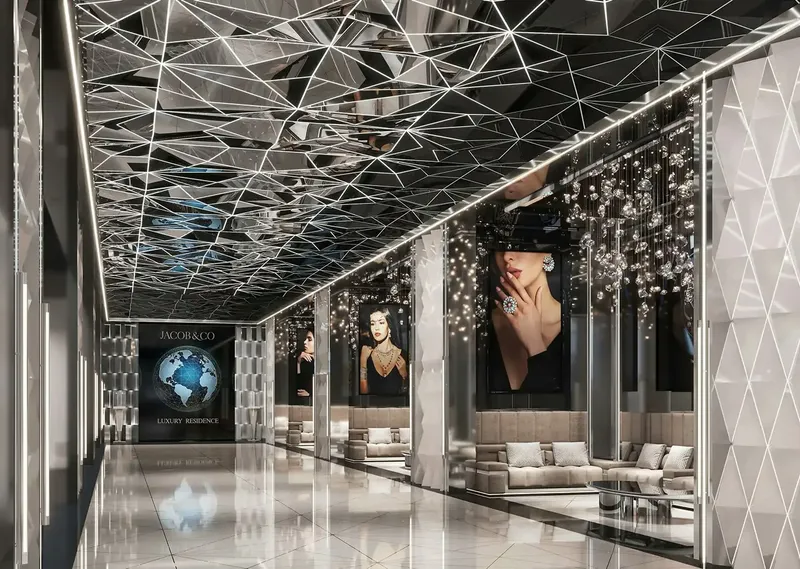Render of the lobby at Burj Binghatti Jacob & Co Residences with a faceted mirrored ceiling
