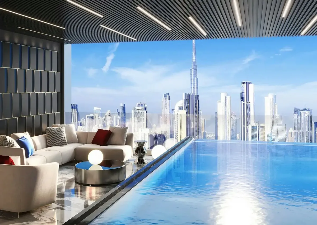 Render of a private infinity pool and lounge looking over the Dubai skyline at Burj Binghatti Jacob & Co Residences