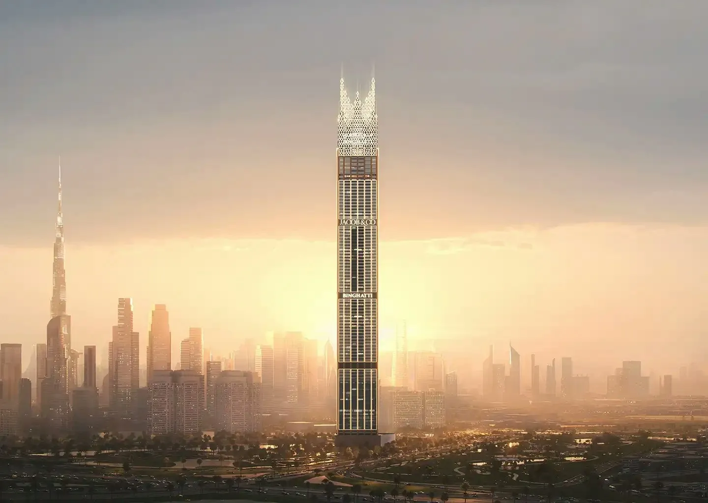 Render of the Burj Binghatti Jacob & Co Residences tower at sunset, rising above the Dubai skyline