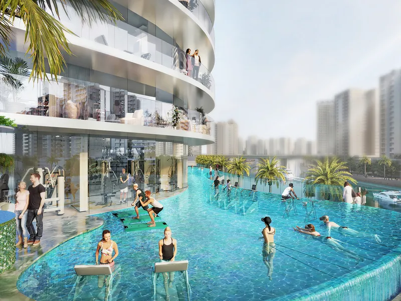 Residents exercising in the aqua gym pool at Canal Crown beside the canal