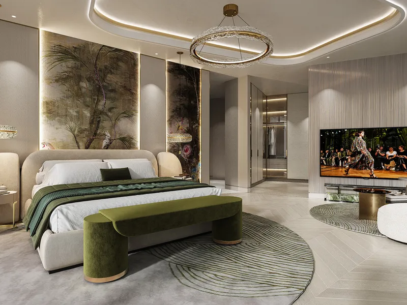 Bedroom at Canal Crown with a green upholstered bench and a ring chandelier