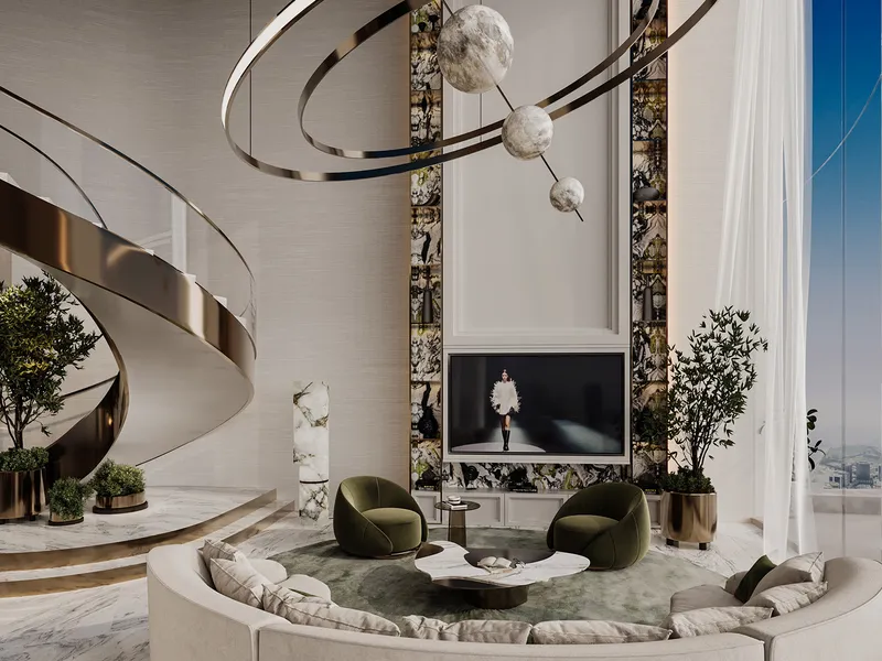 Living room at Canal Crown with a curved sofa and full-height windows