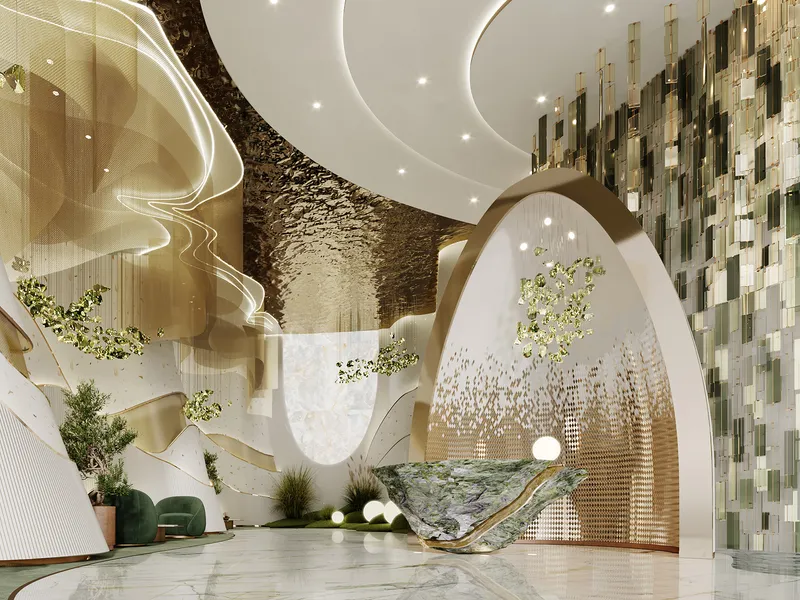 Canal Crown lobby with sculpted walls, a faceted reception desk and gem-inspired lighting
