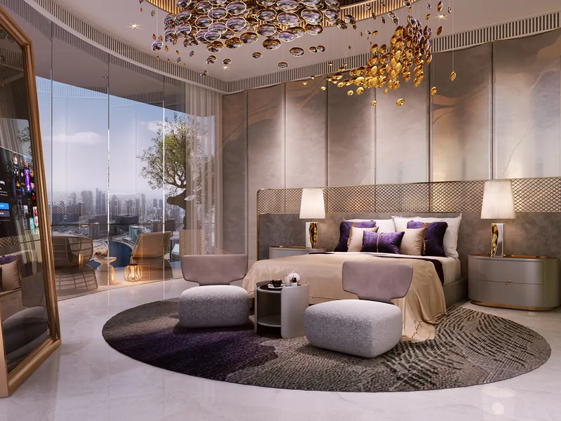 Bedroom at Canal Heights with a curved glass wall and a pearl-inspired chandelier