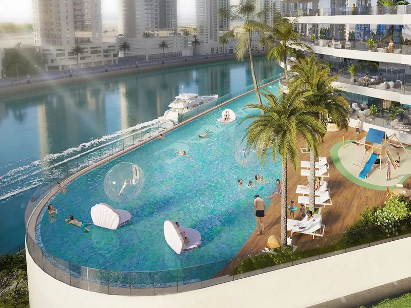 Infinity lap pool at Canal Heights overlooking the Dubai Canal