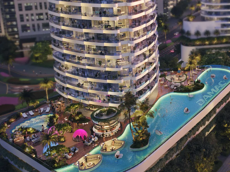 Aerial render of the Canal Heights podium deck with a long pool, cabanas and palms