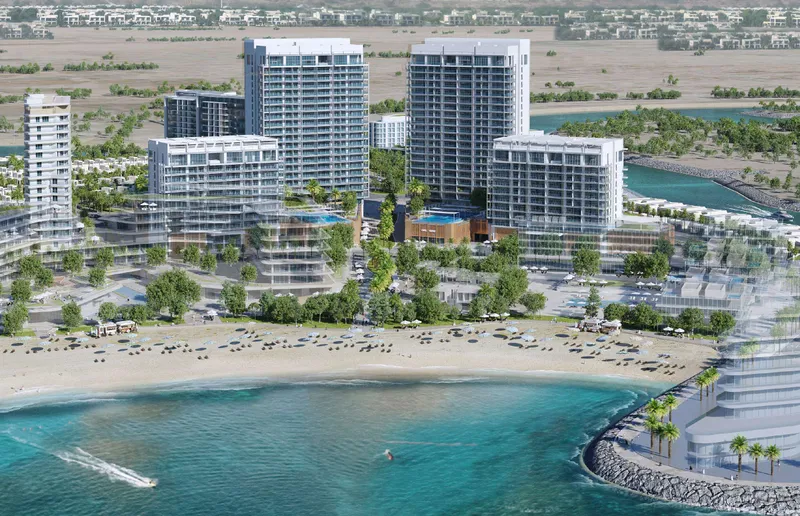 Aerial render of the four Cape Hayat towers behind the Hayat Island beach in Mina Al Arab