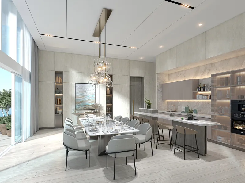 Render of the dining room and kitchen in a Cape Hayat penthouse