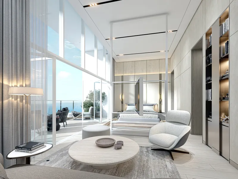Render of a double-height penthouse living area at Cape Hayat opening onto a sea-view terrace