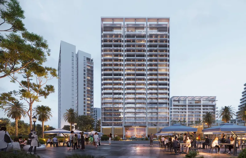 Render of a Cape Hayat tower at dusk, with cafe seating at ground level