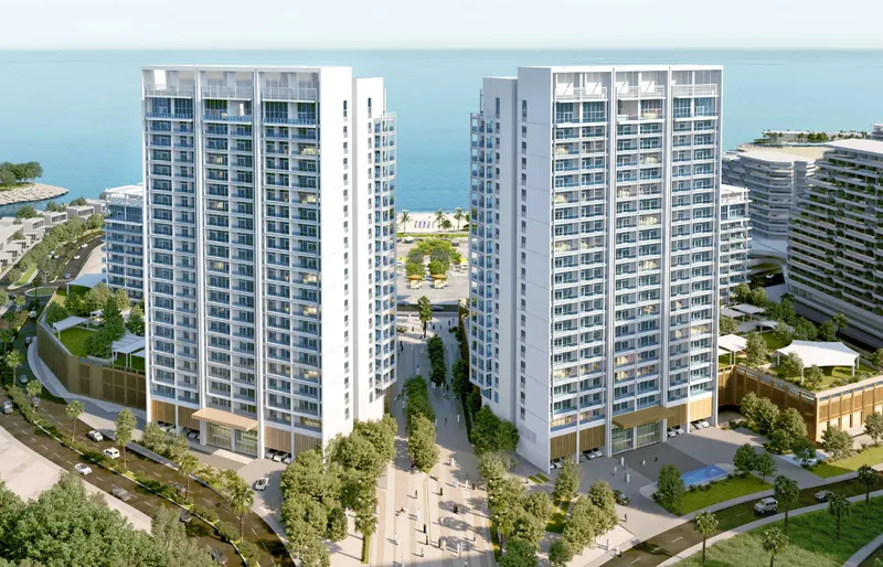 Render of the two 20-storey Cape Hayat towers with the Gulf behind