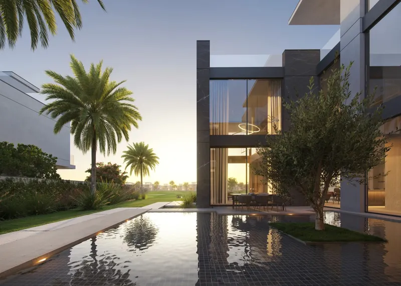 Render of a villa courtyard with a reflecting pool, an olive tree and a double-height glazed living space