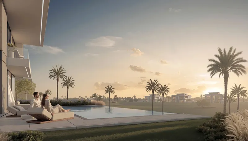 Render of a couple on loungers beside a villa pool, looking across the golf course at dusk