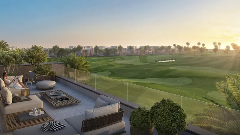 Render of a furnished roof terrace looking over a green golf course at sunset