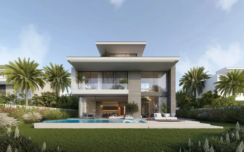 Render of the back of a three-level villa with glass walls, a long infinity pool and a lawn framed by palm trees