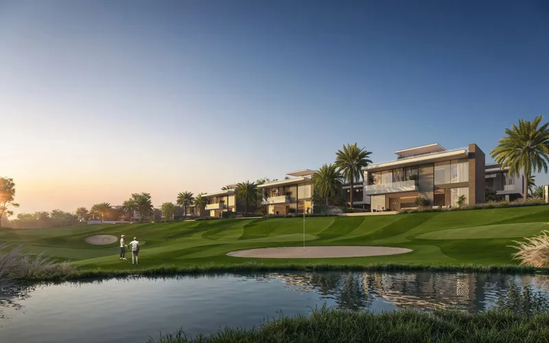 Render at sunset of contemporary villas along a golf fairway, with a lake and a green in the foreground