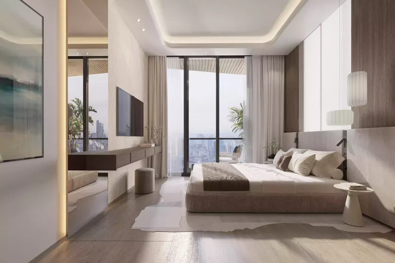Bedroom with full-height windows and a balcony in a Celeste apartment