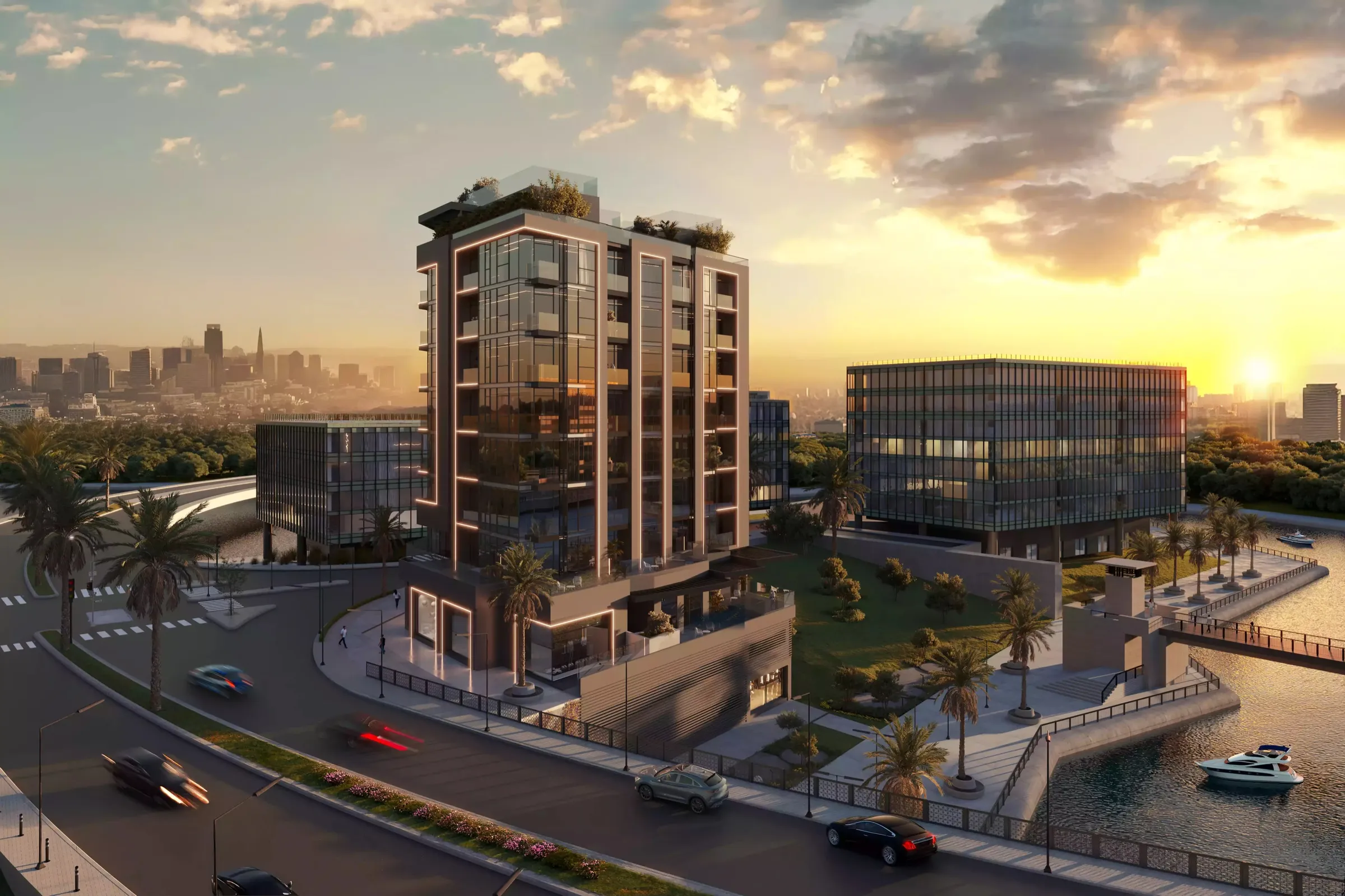 Aerial view at sunset of the mid-rise Celeste building beside the water at Al Jaddaf Waterfront