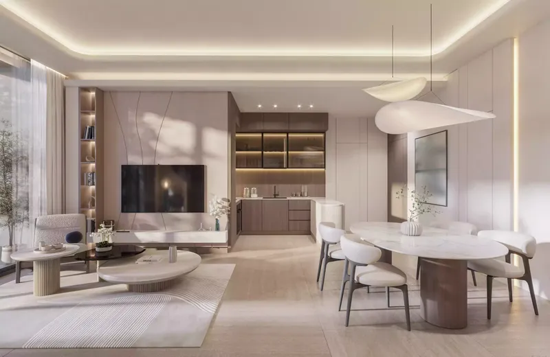 Open living and dining room with a fitted kitchen in a Celeste apartment