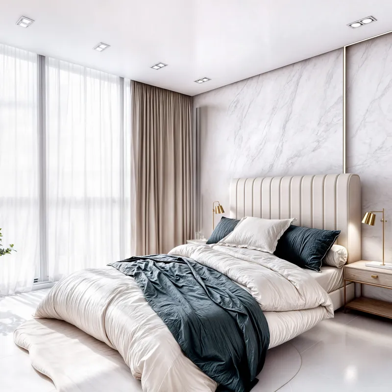 Furnished bedroom with a padded headboard and marble feature wall at Celesto Tower