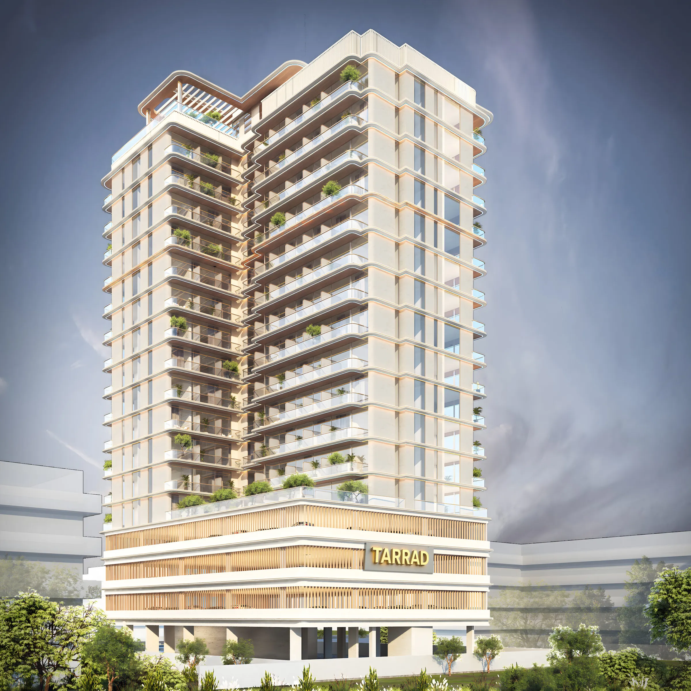 Celesto Tower, a residential tower with planted balconies above a retail podium