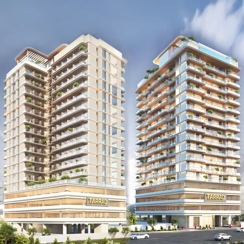 Two views of Celesto Tower showing its balconies, podium and rooftop pool