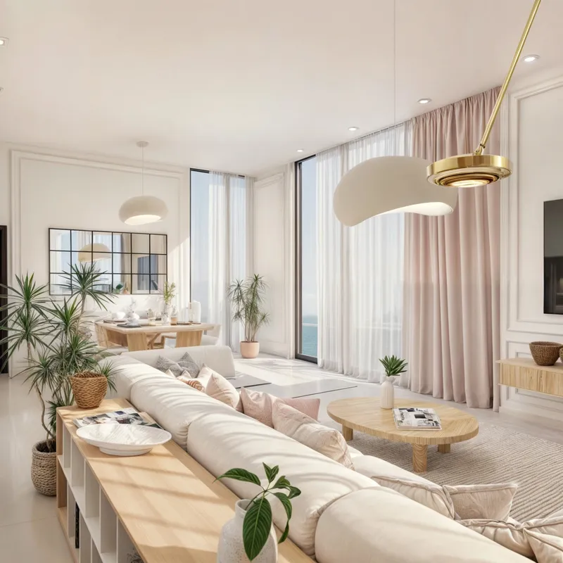Bright furnished living room with a long sofa and full-height curtains at Celesto Tower