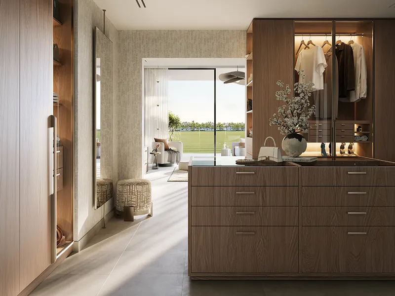 Interior render of a Chevalia Estate 2 dressing room with timber wardrobes and a garden view