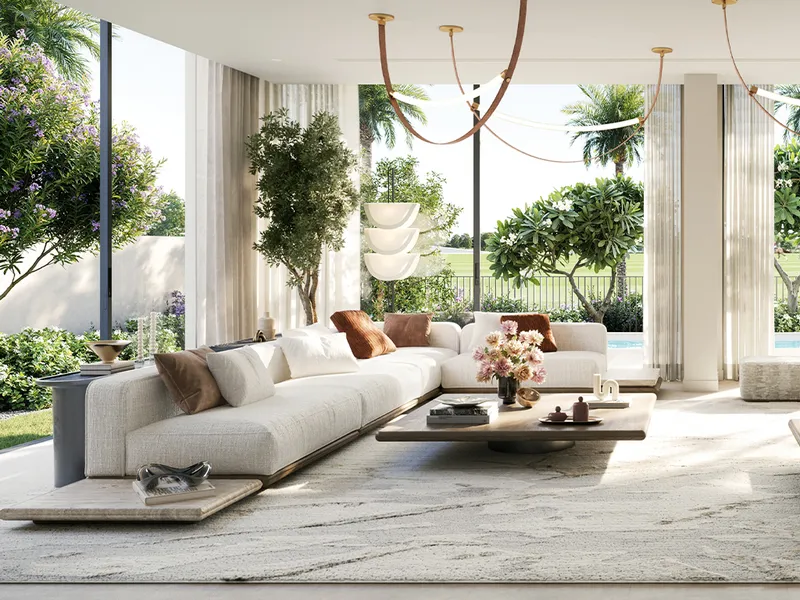Interior render of a Chevalia Estate 2 living room opening to the garden and pool