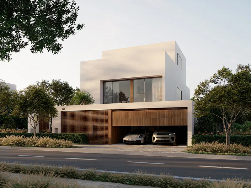 Render of a three-storey Chevalia Estate 2 villa with a two-car covered parking bay