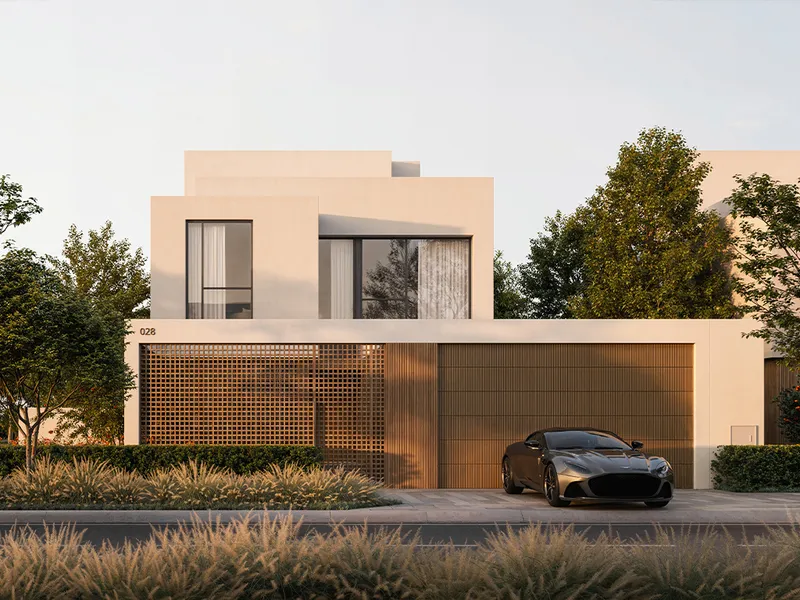 Render of a Chevalia Estate 2 villa entrance with a latticed screen wall and garage