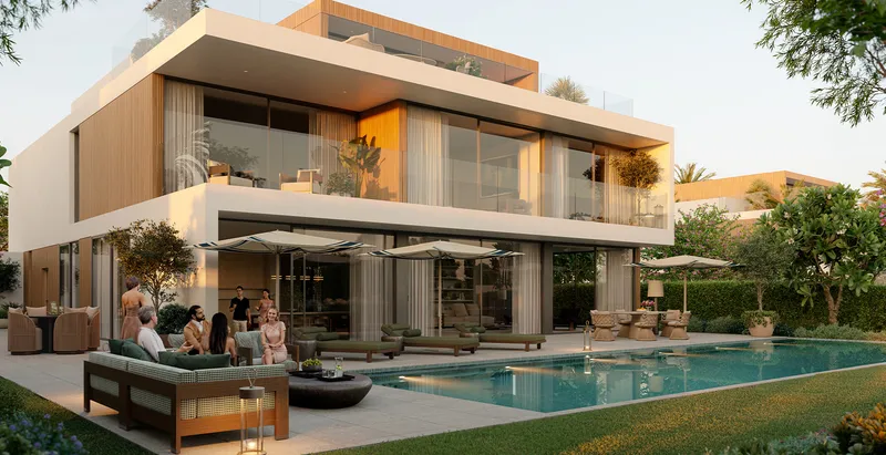 Render of a Chevalia Estate 2 villa with a private pool, garden terrace and outdoor seating