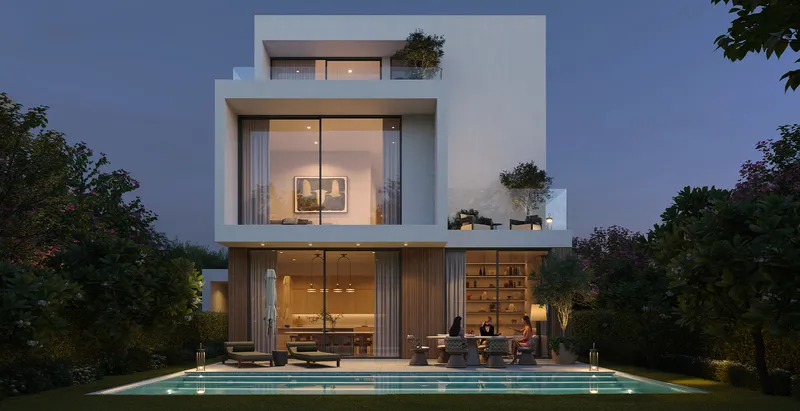 Render of a three-storey Chevalia Estate 2 villa at dusk seen across its pool