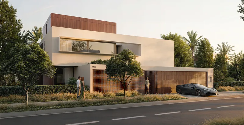 Render of the street front of a Chevalia Estate 2 villa with timber screens and a covered driveway
