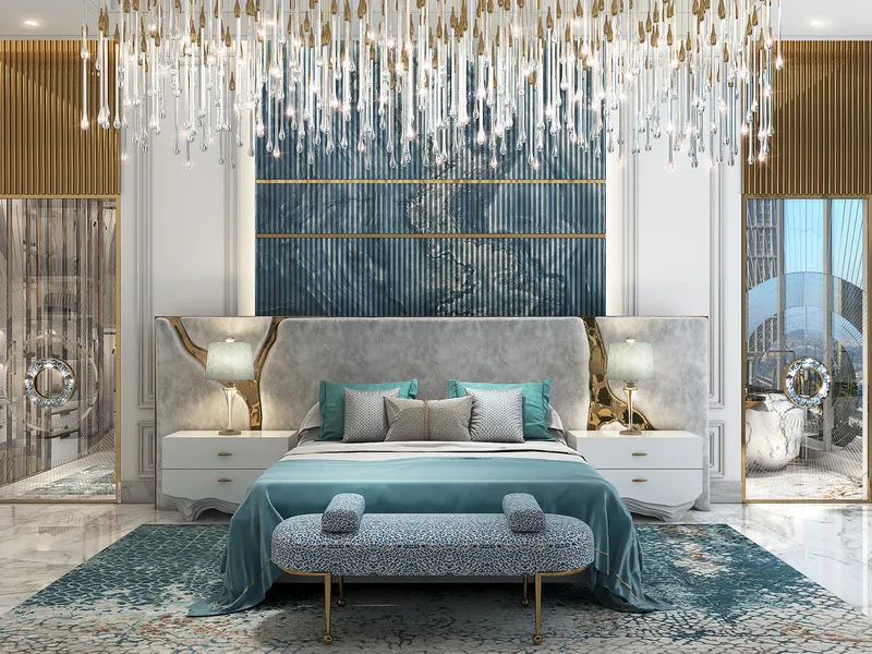 Bedroom with a turquoise feature wall and a crystal chandelier in a Chic Tower apartment