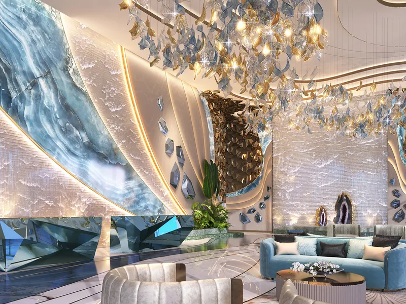 Lobby of Chic Tower with turquoise stone walls, a crystal ceiling installation and lounge seating
