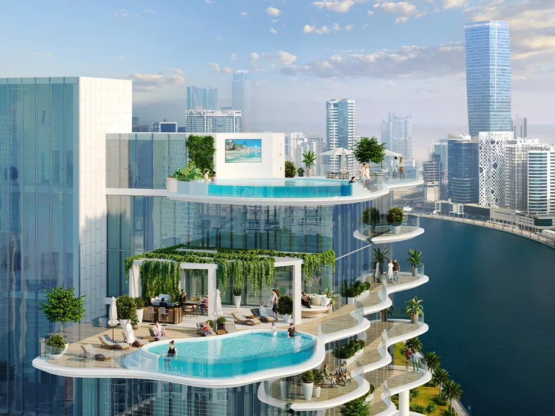 Stepped rooftop terraces with pools and pergolas at Chic Tower overlooking Dubai Canal