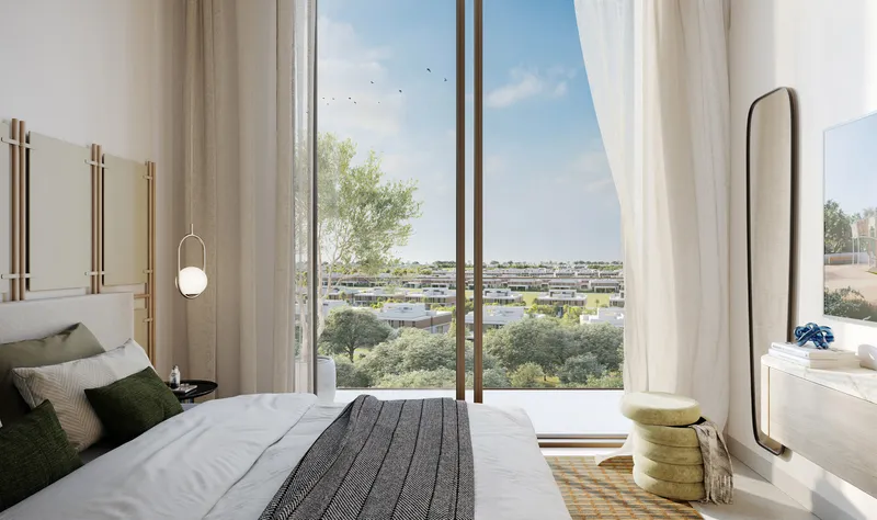 Interior render of a Club Place bedroom with full-height windows