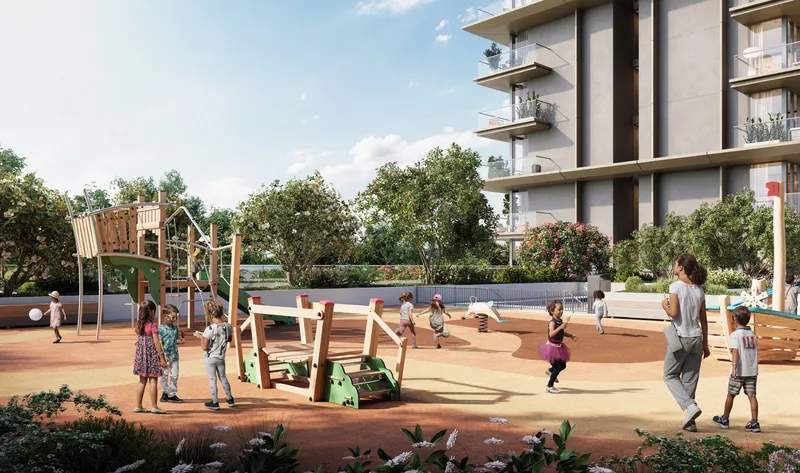 Render of the outdoor children's play area on the Club Place podium
