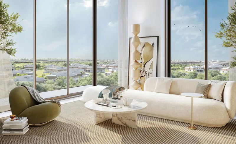 Interior render of a Club Place living room with floor-to-ceiling windows and green views