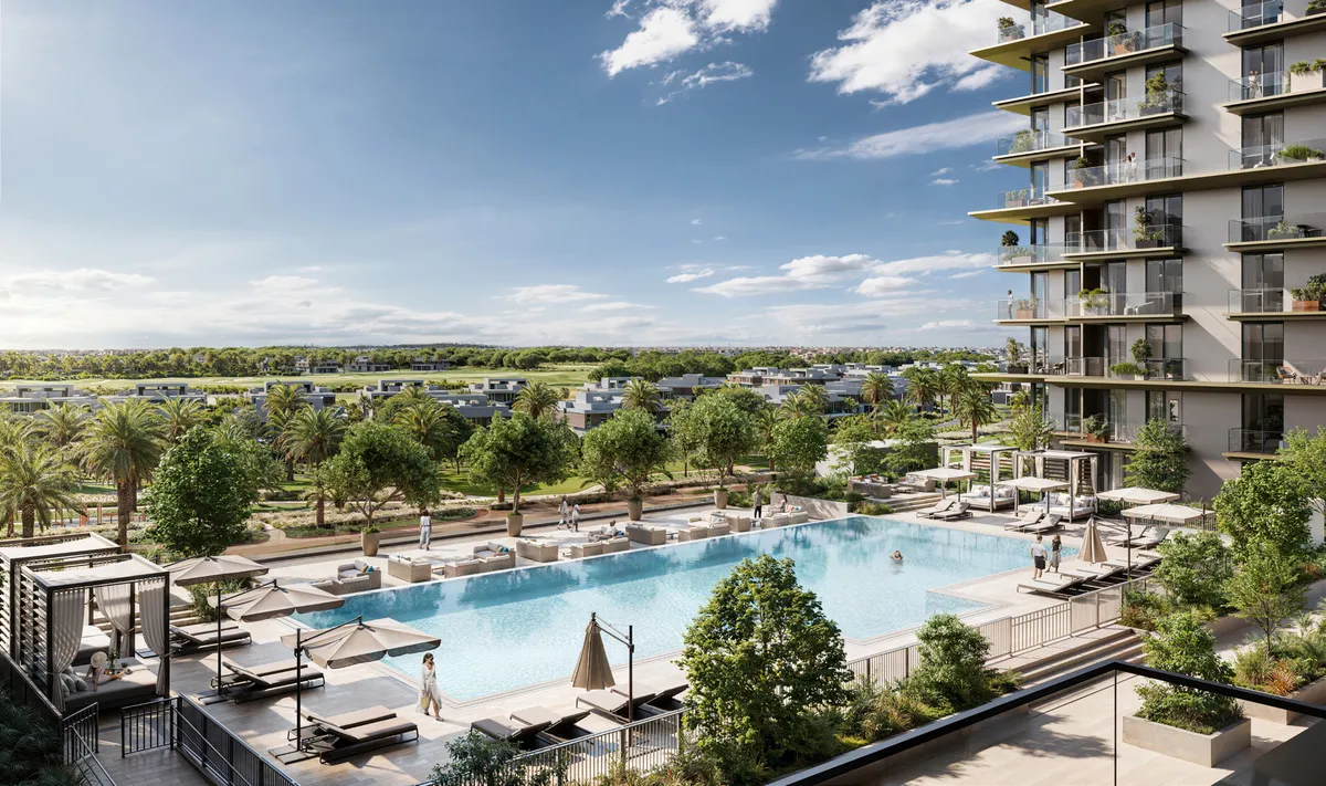 Render of the Club Place infinity pool and sun deck on the landscaped podium, with the tower beside it and Dubai Hills Estate beyond