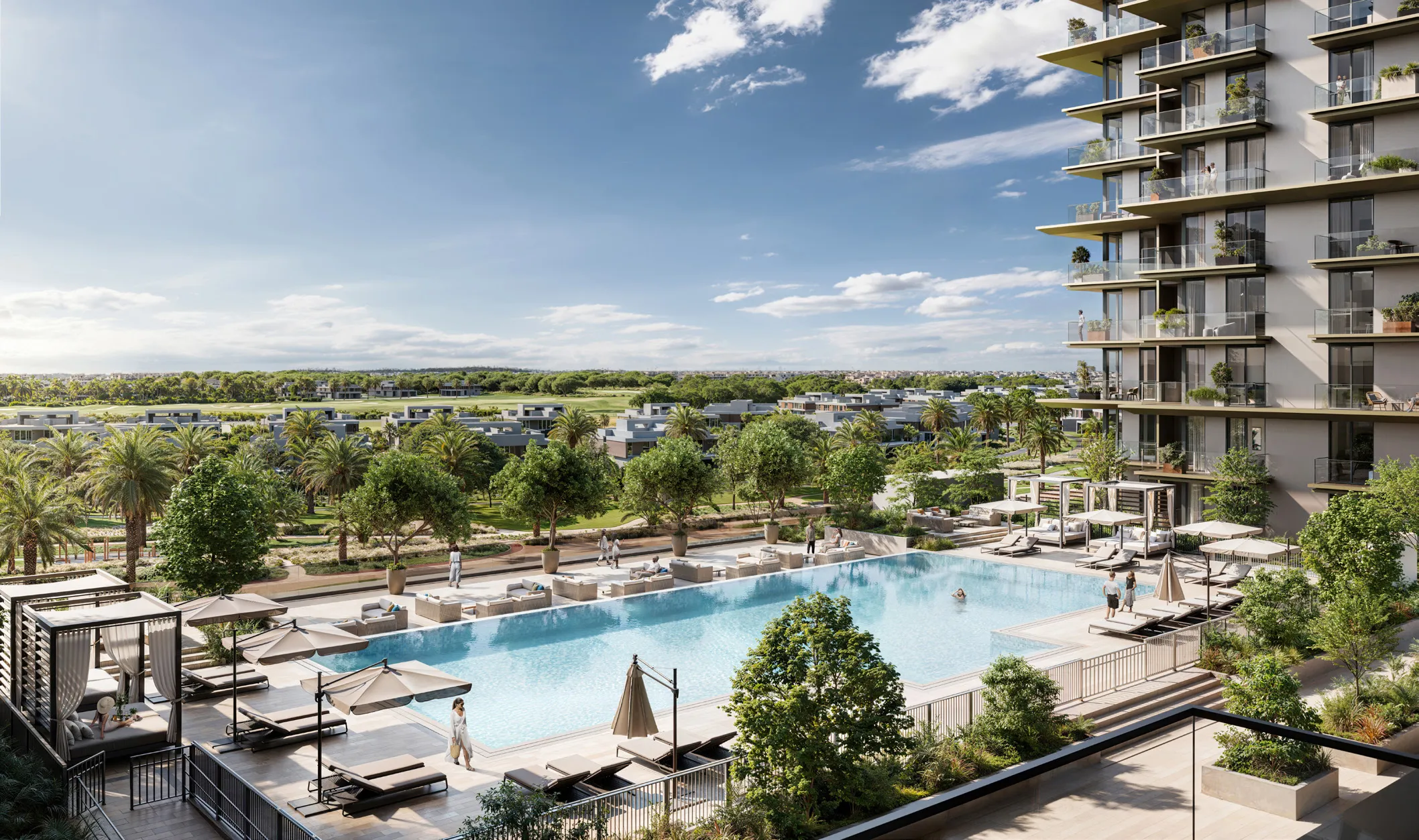 Render of the Club Place infinity pool and sun deck on the landscaped podium, with the tower beside it and Dubai Hills Estate beyond