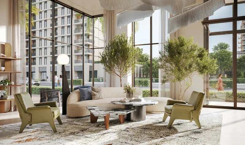 Interior render of the Club Place residents' lounge with seating and indoor trees