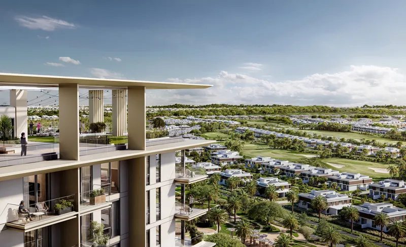 Render of upper-floor terraces at Club Place looking over the villas and greenery of Dubai Hills Estate