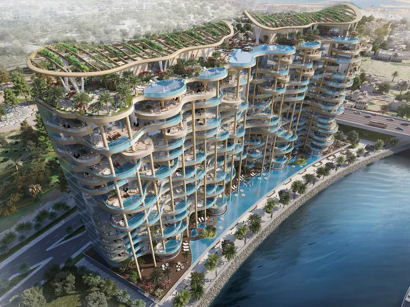 Aerial render of Couture by Cavalli beside the Dubai Water Canal, showing the planted roof and a private pool on every terrace