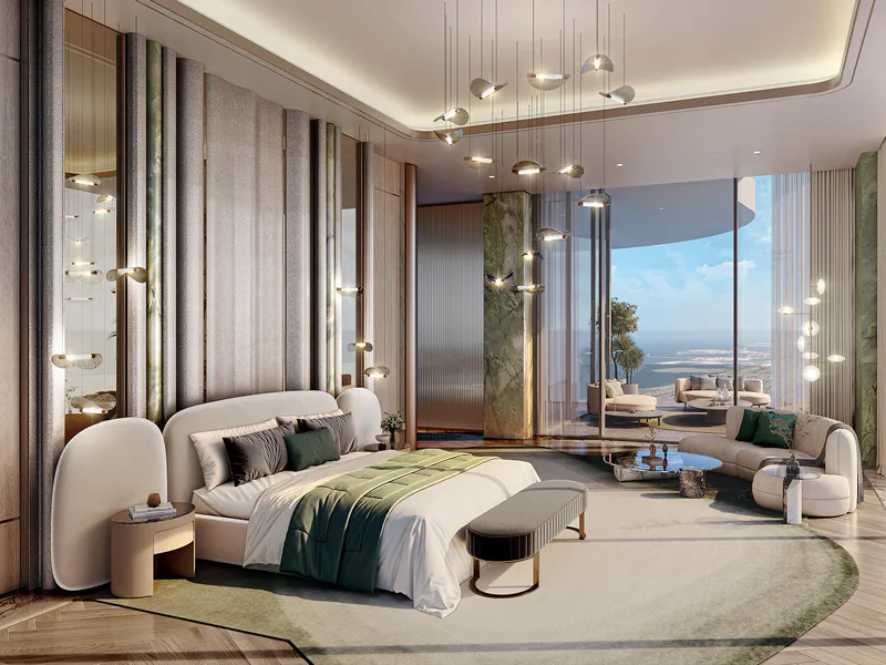 Bedroom in a Couture by Cavalli residence with full-height glazing and a sitting area