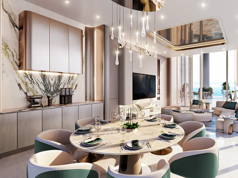 Dining and living room in a Couture by Cavalli residence with marble walls and a terrace beyond
