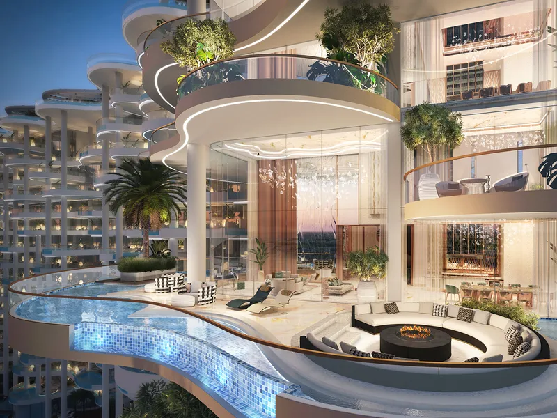 Private terrace at Couture by Cavalli with an infinity pool, sunken seating and a fire pit