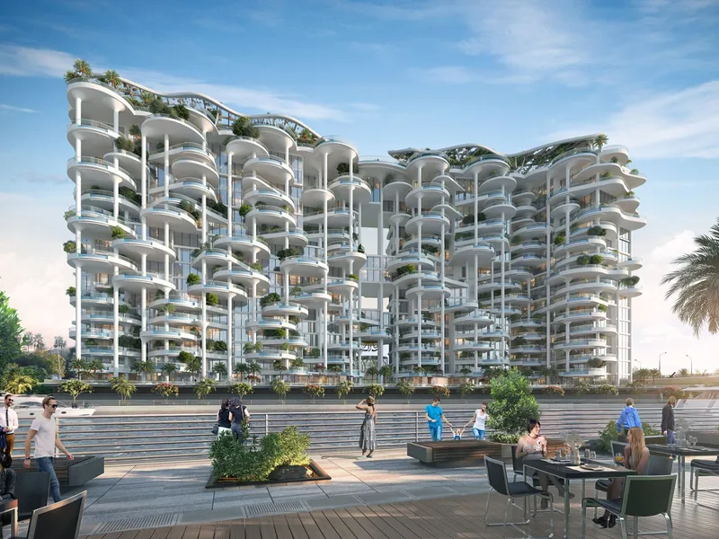 Daytime render of the Couture by Cavalli tower with its curved, planted terraces